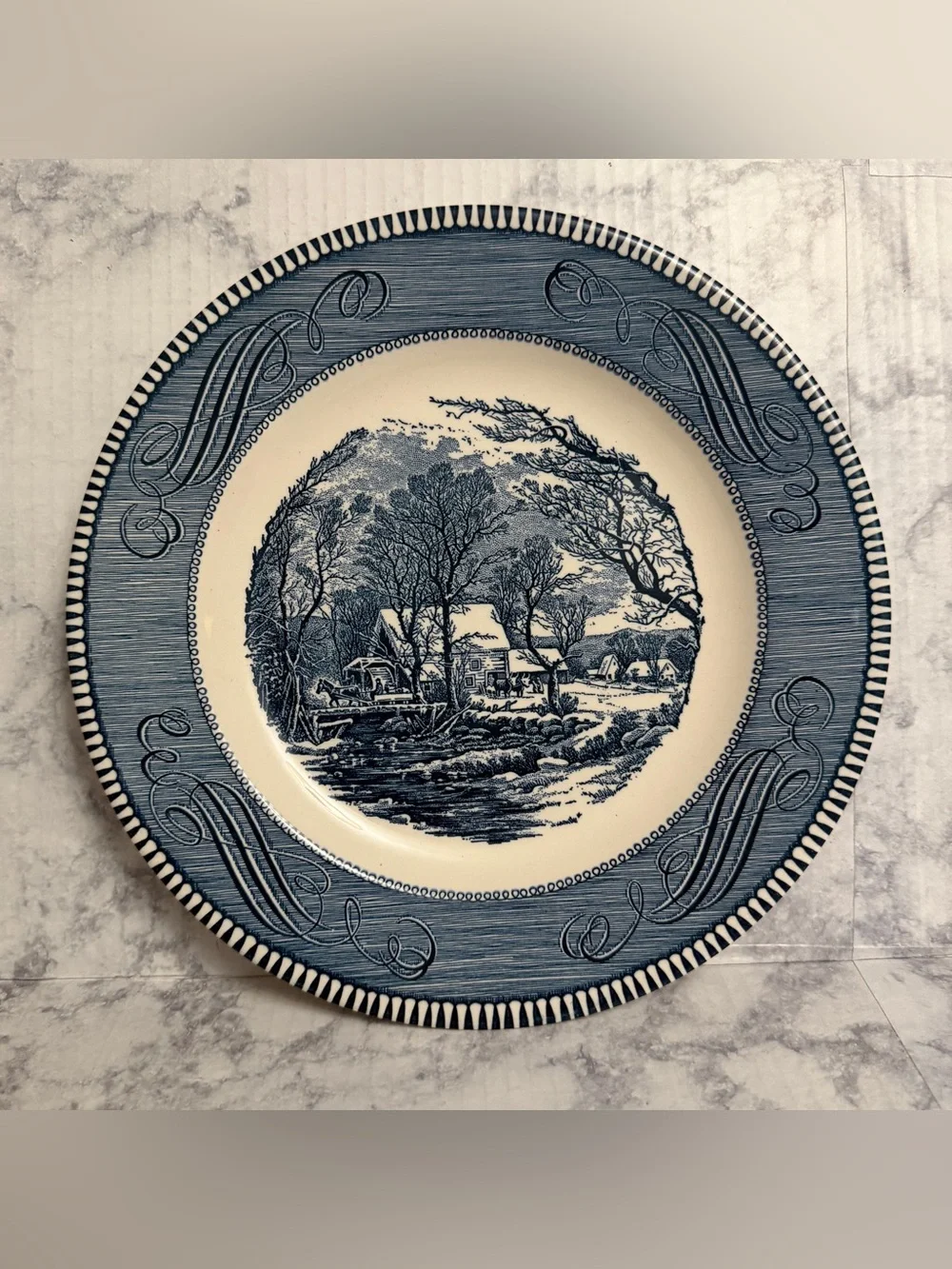 Currier & Ives The Old Grist Mill Blue and White Scenic Ceramic Dinner Plate 10”